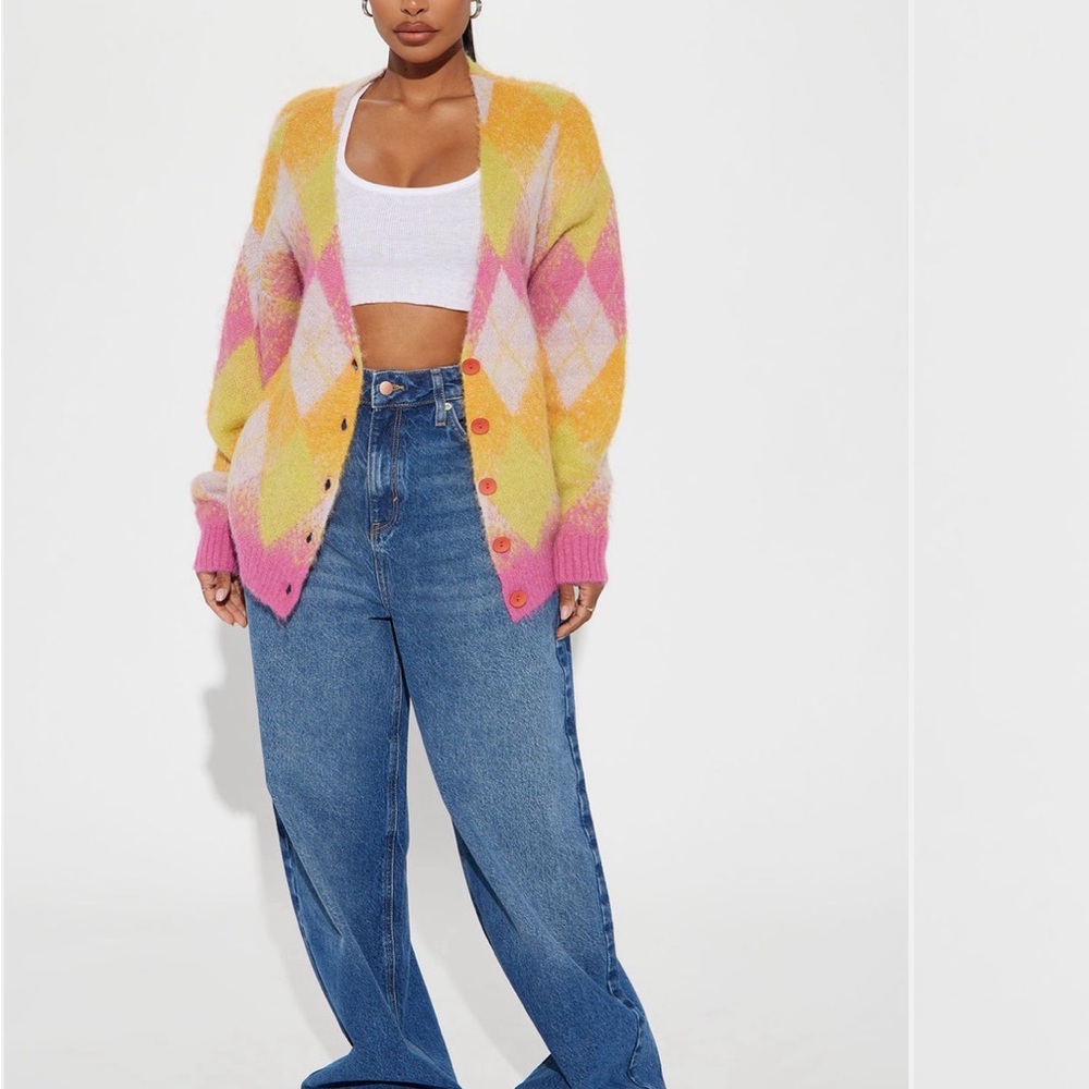 Fashion Nova Yellow Pink Argyle Fuzzy Cardigan